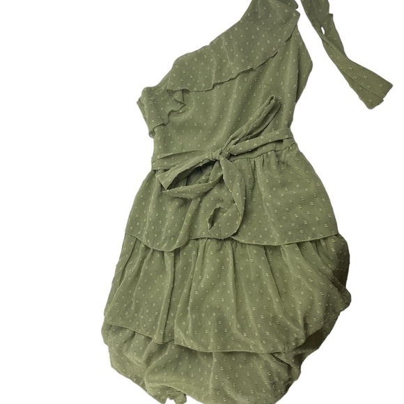 Shein Dresses & Skirts - SHEIN - One Shoulder Ruffle Trim Swiss Dot Layered Hem Dress in Matcha Size XS